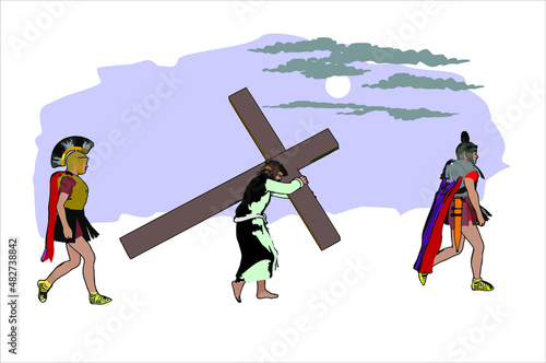 Jesus Christ carrying the cross, of  easter symbol, vector illustration