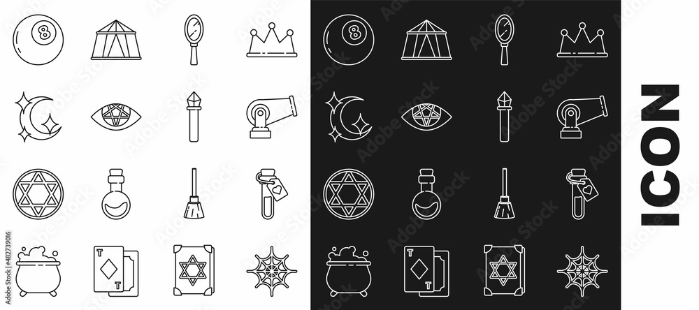 Set line Spider web, Bottle with love potion, Cannon, Magic hand mirror, Pentagram, Moon stars, ball of predictions and staff icon. Vector Set line Spider web, Bottle with love potion, Cannon, Magic hand mirror, Pentagram, Moon stars, ball of predictions and staff icon. Vector