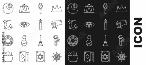 Set line Spider web, Bottle with love potion, Cannon, Magic hand mirror, Pentagram, Moon stars, ball of predictions and staff icon. Vector