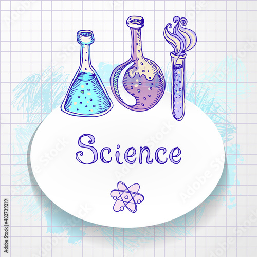 Back to school: Doodle style science laboratory beakers and test tubes illust...