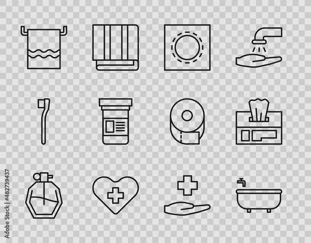Set line Perfume, Bathtub, Condom in package safe sex, Heart with cross, Towel hanger, Medicine bottle, Cross hospital medical and Wet wipe icon. Vector Set line Perfume, Bathtub, Condom in package safe sex, Heart with cross, Towel hanger, Medicine bottle, Cross hospital medical and Wet wipe icon. Vector