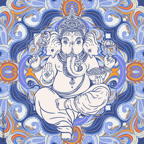 Hindu Lord Ganesha over ornate colorful mandala. Vector illustration.