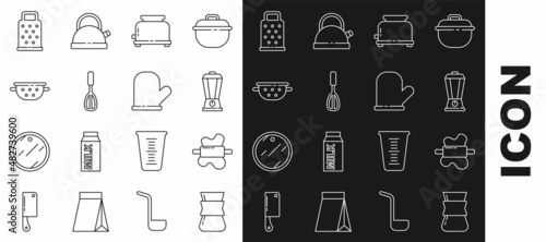 Set line Coffee turk, Rolling pin on dough, Blender, Toaster, Kitchen whisk, colander, Grater and Oven glove icon. Vector