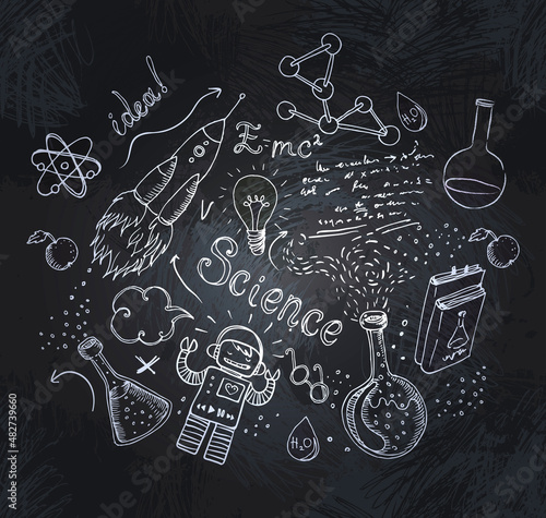 Back to School: science lab objects doodle vintage style sketches seamless pa...