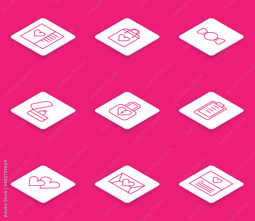 Set line Postcard with heart, Shopping bag, Bow tie, Wedding rings, Lock and, Clipboard checklist, Heart and Envelope Valentine icon. Vector Set line Postcard with heart, Shopping bag, Bow tie, Wedding rings, Lock and, Clipboard checklist, Heart and Envelope Valentine icon. Vector