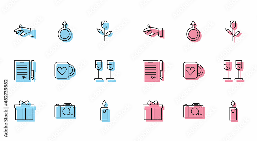 Set line Gift box, Photo camera, Wedding rings on hand, Burning candle, Coffee cup heart, Glass champagne, Marriage contract and Male gender symbol icon. Vector Set line Gift box, Photo camera, Wedding rings on hand, Burning candle, Coffee cup heart, Glass champagne, Marriage contract and Male gender symbol icon. Vector