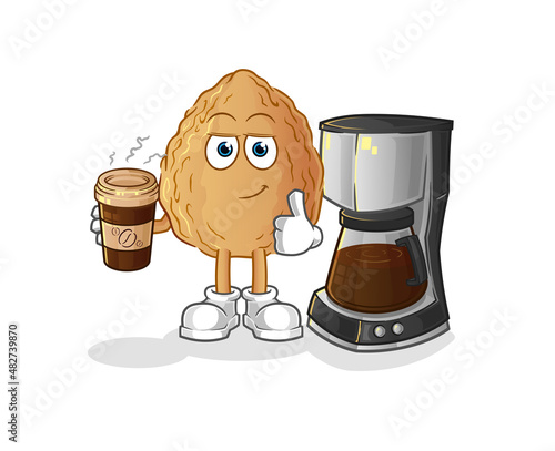 almond drinking coffee illustration. character vector