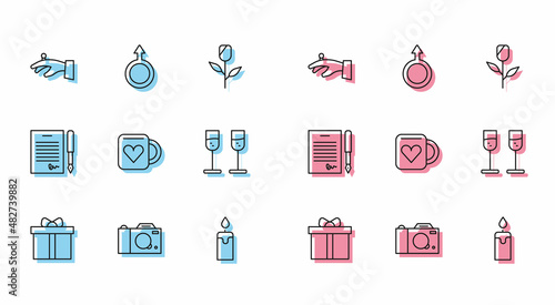 Set line Gift box, Photo camera, Wedding rings on hand, Burning candle, Coffee cup heart, Glass champagne, Marriage contract and Male gender symbol icon. Vector