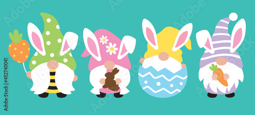 Cute Easter bunny gnomes with carrot, chocolate bunny, and Easter egg vector illustration.