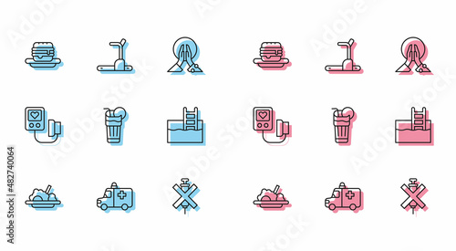 Set line Healthy food, Ambulance and emergency car, Junk, No doping syringe, Fresh smoothie, Swimming pool with ladder, Blood pressure and Treadmill machine icon. Vector