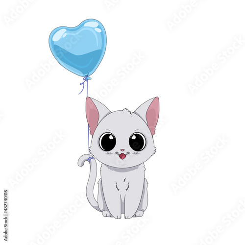 Kot i balon w kształcie serca. Ręcznie rysowany uroczy mały biały kotek. Wektorowa ilustracja zadowolonego, siedzącego kota. Słodki, romantyczny zwierzak. Kartka walentynkowa.