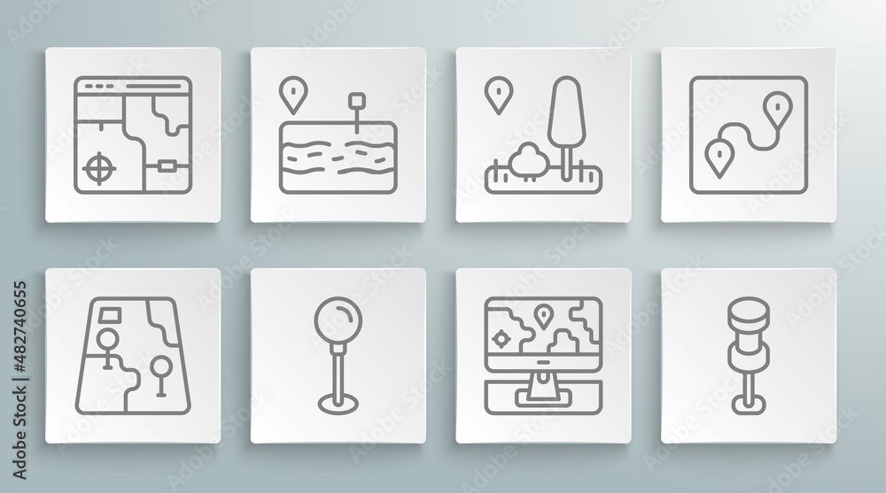 Set line City map navigation, Broken road, Push pin, Monitor with location marker, Route and Infographic of city icon. Vector Set line City map navigation, Broken road, Push pin, Monitor with location marker, Route and Infographic of city icon. Vector