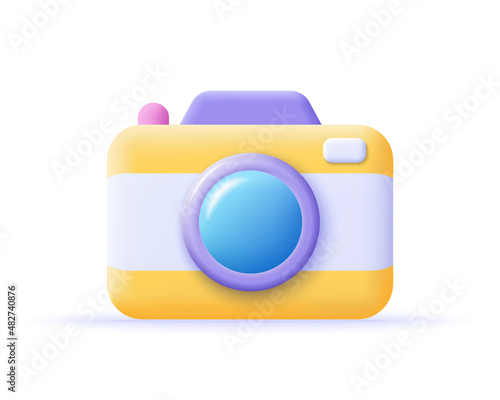 3D photocamera icon. Concept technology and snapshot photography. Camera render. 3d realistic vector illustration