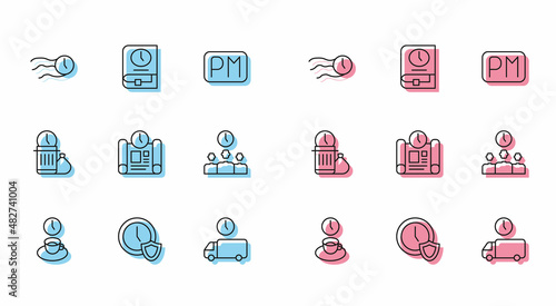 Set line Coffee time, Clock with shield, Time flies on the clock, Delivery, Project plan, Management, Waste and for book icon. Vector