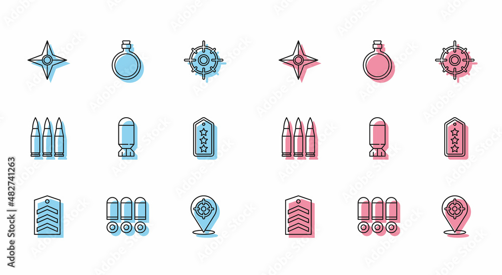 Set line Chevron, Bullet, Japanese ninja shuriken, Target sport, Aviation bomb, Military rank, and Canteen water bottle icon. Vector