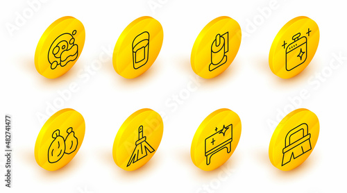 Set line Brush for cleaning, Clean table, Handle broom, Garbage bag, cooking pot, Toilet paper roll, Bucket with rag and Washing dishes icon. Vector