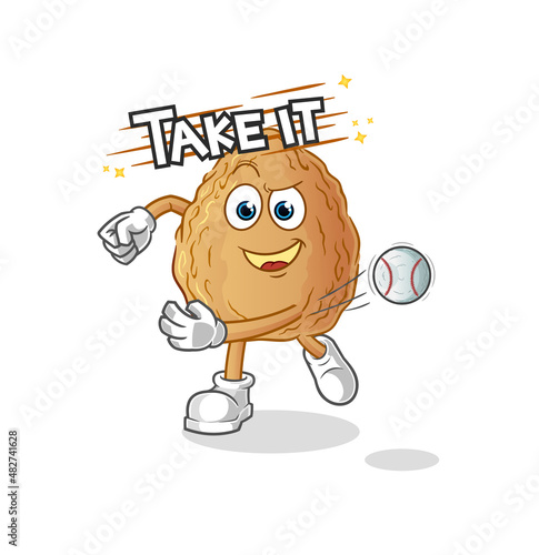 almond throwing baseball vector. cartoon character