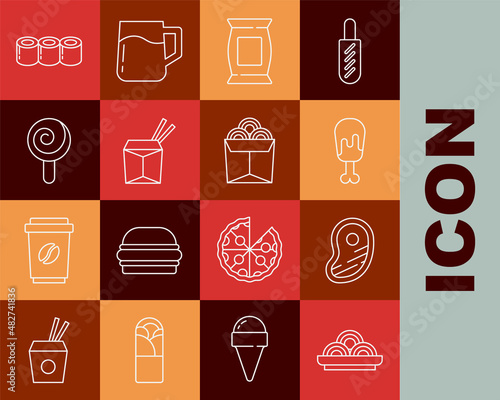 Set line Asian noodles in bowl, Steak meat, Chicken leg, Bag or packet potato chips, and chopsticks, Lollipop, Sushi and Noodles box icon. Vector