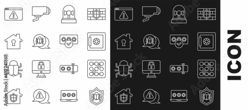 Set line System bug, Graphic password protection, Safe, Flasher siren, House under, Browser with exclamation mark and Password icon. Vector