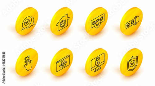 Set line Shield with check mark, Lock on monitor, Browser incognito window, Fingerprint, Password protection, House under and Check speech bubble icon. Vector