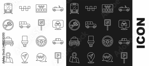 Set line Parking, Car, Location with taxi, Taximeter, No Smoking, Train and Airport icon. Vector