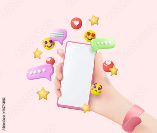 Mobile in hand with social media chat. Vector concept in cartoon 3d style with likes, comments and followers