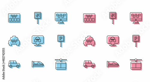 Set line Car, High-speed train, Taximeter, Cable car, Location with taxi, Parking, and Airport icon. Vector