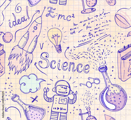 Back to School: science lab objects doodle vintage style sketches seamless pattern, vector illustration.