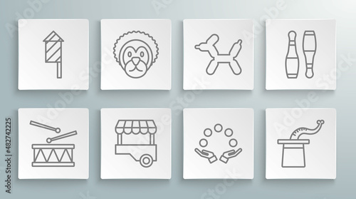Set line Drum with drum sticks, Wild lion, Fast street food cart, Juggling ball, Magician hat, Balloon dog, Bowling pin and Firework rocket icon. Vector
