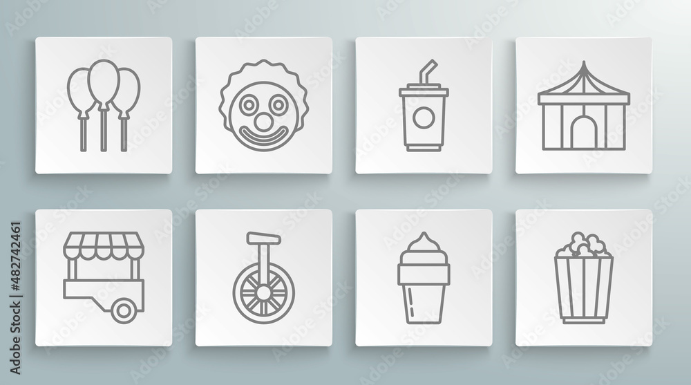 Set line Fast street food cart, Clown head, Unicycle or one wheel bicycle, Ice cream, Popcorn in box, Paper glass with water, Circus tent and Balloons ribbon icon. Vector