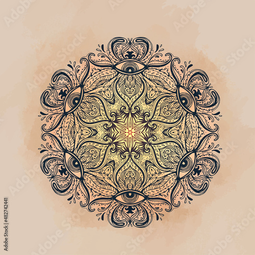 All seeing eye in ornate round mandala pattern. Mystic, alchemy, occult concept. Design for music cover, t-shirt , boho poster, flyer. Astrology, shamanism, religion. Coloring book pages for adults.