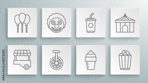 Set line Fast street food cart, Clown head, Unicycle or one wheel bicycle, Ice cream, Popcorn in box, Paper glass with water, Circus tent and Balloons ribbon icon. Vector