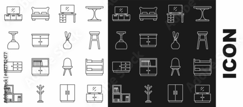 Set line TV table stand, Bunk bed, Chair, Furniture nightstand, Lamp hanging, and Vase icon. Vector