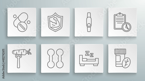 Set line Carrot on fork, Bodybuilder muscle, Dumbbell, Time to sleep, Vitamin pill, Smartwatch, Sport training program and icon. Vector