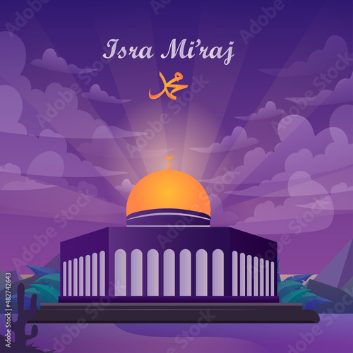 Isra and mi'raj arabic calligraphy - mean; Prophet Muhammad's Night Journey. Flat vector template style Suitable for Web Landing Pages.