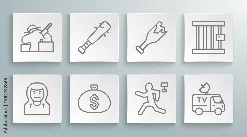 Set line Thief mask, Baseball bat with nails, Money bag, Murder, TV News car, Broken bottle weapon, Prison window and icon. Vector Set line Thief mask, Baseball bat with nails, Money bag, Murder, TV News car, Broken bottle weapon, Prison window and icon. Vector