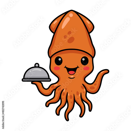Cute little squid cartoon serving food in a sliver platter