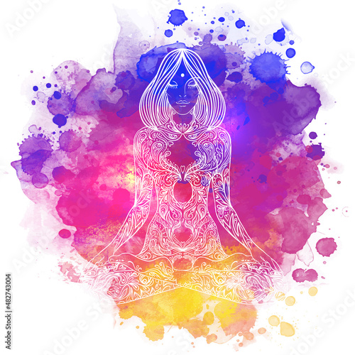 Woman ornate silhouette sitting in lotus pose. Meditation concept. Vector illustration. Over colorful watercolor background.