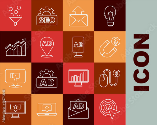Set line Target, Advertising, Magnet with money, Mail and e-mail, Financial growth increase, Lead management and icon. Vector