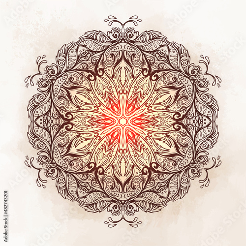 All seeing eye in ornate round mandala pattern. Mystic, alchemy, occult conce...