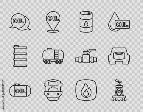 Set line Oil tank storage, rig, Barrel oil, tanker ship, Word, railway cistern, Fire flame and Spare wheel in the car icon. Vector