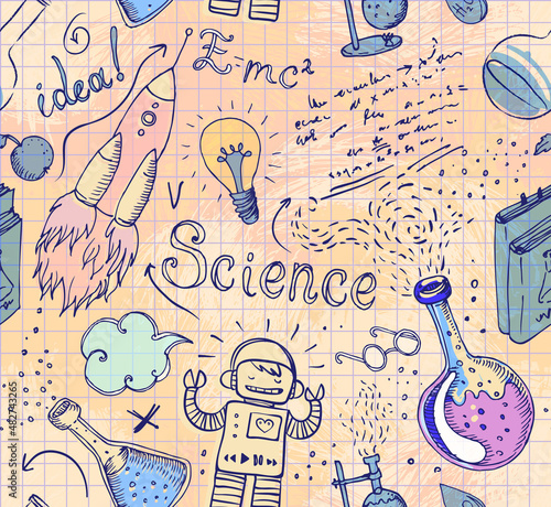 Back to School: science lab objects doodle vintage style sketches seamless pa...