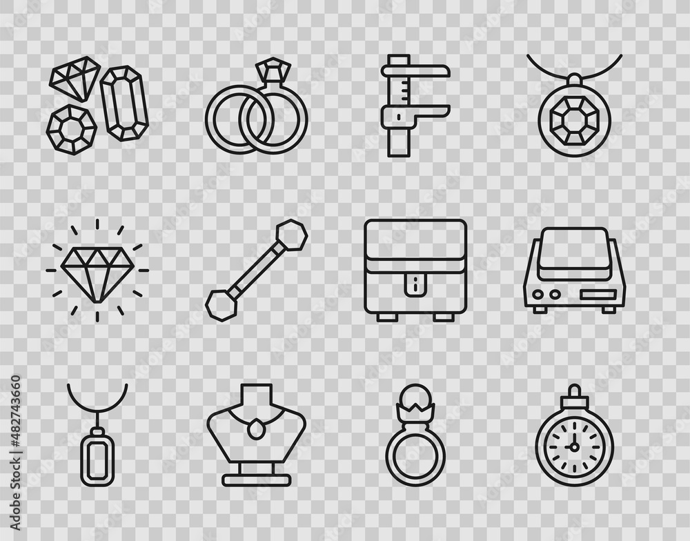 Set line Pendant on necklace, Pocket watch, Calliper or caliper and scale, Necklace mannequin, Gem stone, Piercing, Diamond engagement ring and Electronic jewelry scales icon. Vector Set line Pendant on necklace, Pocket watch, Calliper or caliper and scale, Necklace mannequin, Gem stone, Piercing, Diamond engagement ring and Electronic jewelry scales icon. Vector