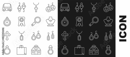 Set line Diamond engagement ring, Earrings, Necklace mannequin, Christian cross chain, Tooth with diamond, Pocket watch, Electronic jewelry scales and Magnifying glass icon. Vector