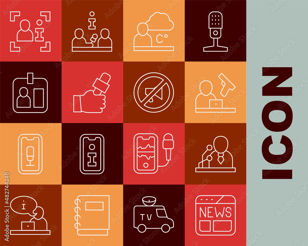 Set line News, Breaking news, Crime, Weather forecast, Journalist, id card, Television report and Censored stamp icon. Vector Set line News, Breaking news, Crime, Weather forecast, Journalist, id card, Television report and Censored stamp icon. Vector