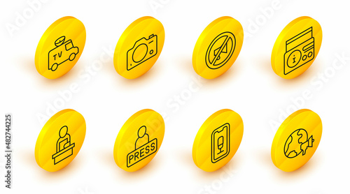 Set line World news, Mobile recording, Journalist, Breaking, News on radio channel, Censored stamp, Photo camera and TV car icon. Vector