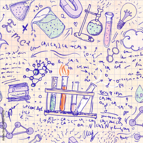 Back to School: science lab objects doodle vintage style sketches seamless pattern, vector illustration.