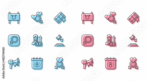 Set line Feminist activist, Calendar with 8 March, Gender, Money growth woman, Female rights, Male gender and icon. Vector
