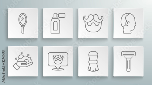 Set line Shaving foam on hand, Aftershave with atomizer, Barbershop, brush, razor, Mustache beard, Baldness and Hand mirror icon. Vector