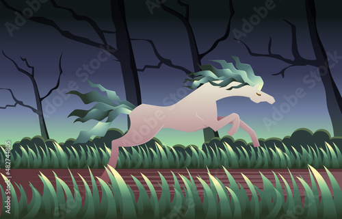 Beautiful Long Hair Horse Mare Run Fast Forest Jungle Fantasy Illustration